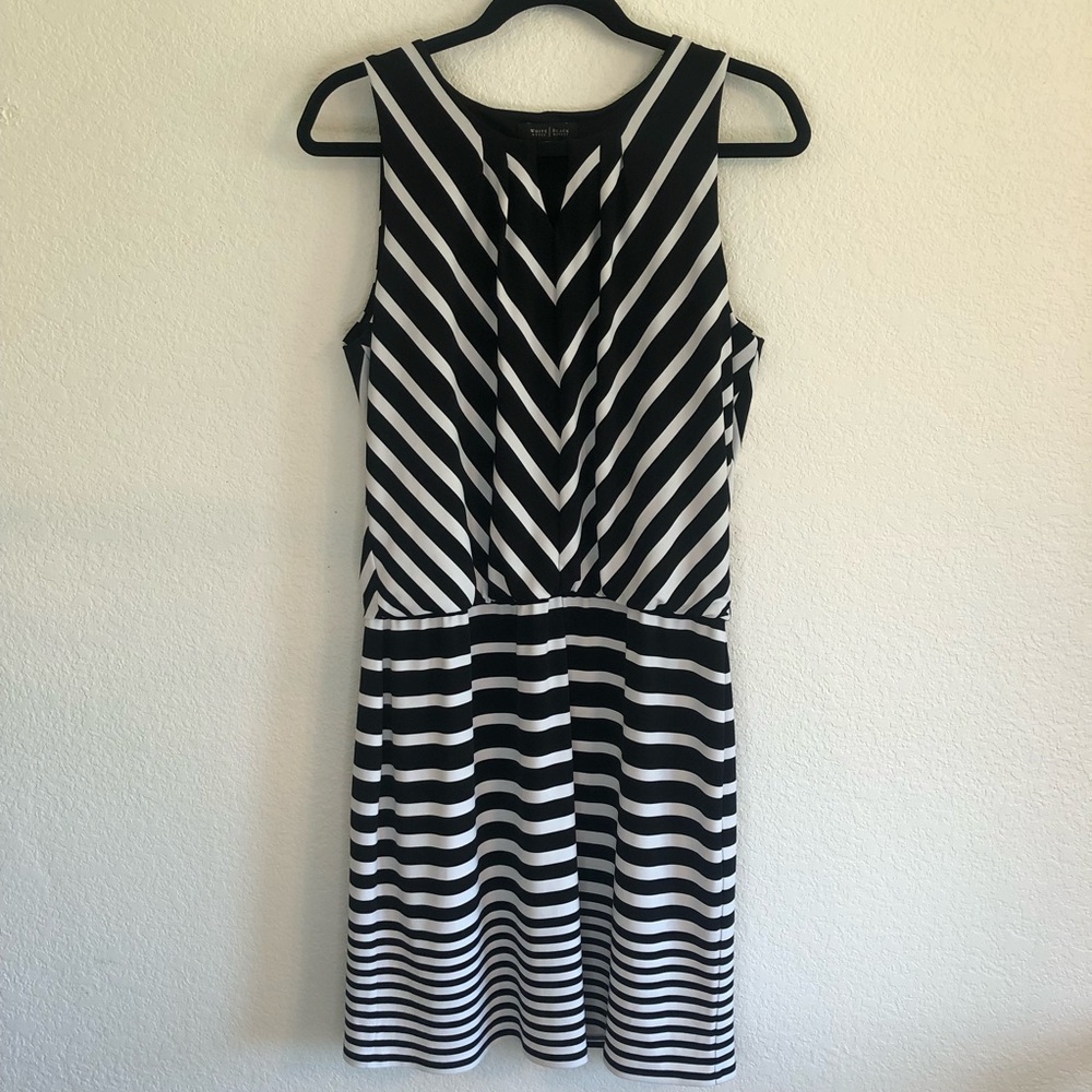 White House Black Market Drop Waist Black and White V Cut Out Neck Dress